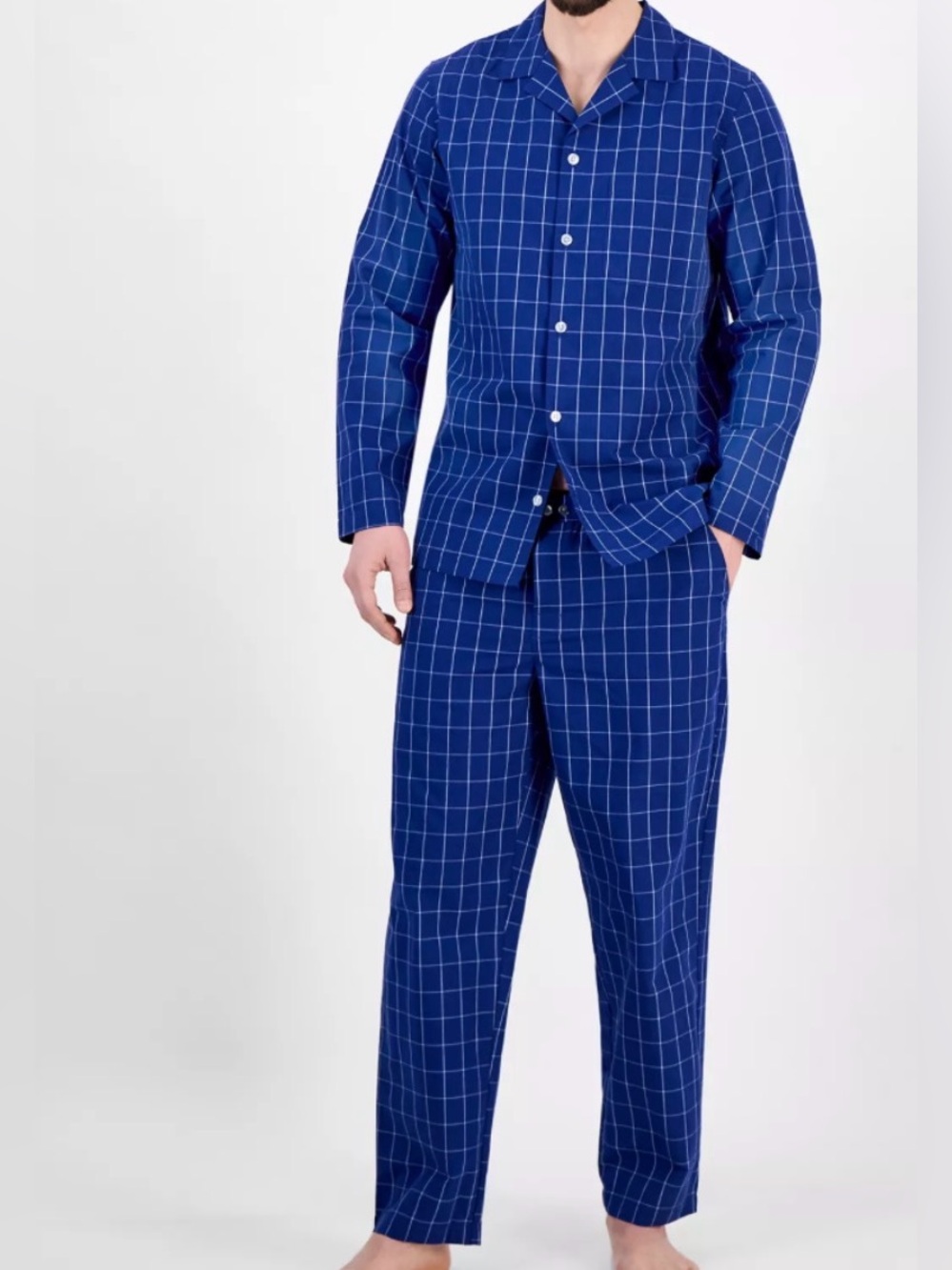 Club Room Blue Windowpane Plaid Woven 2-Piece Pajama Set Mens Small NWT
